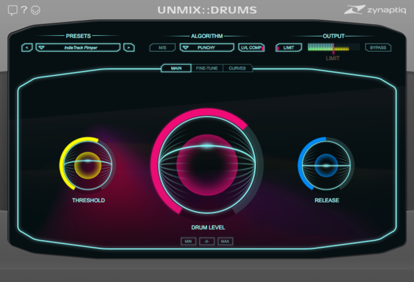 Zynaptiq UNMIX::DRUMSプラグイン・メイン・ビューのスクリーンショット