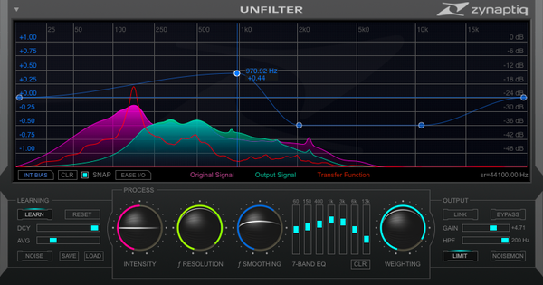 Zynaptiq UNFILTER Adaptive Tonal Contour Linearization Processor Prototype Screenshot